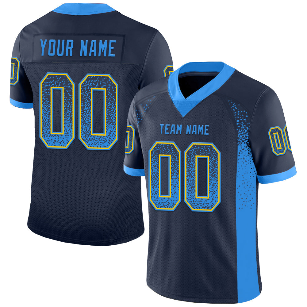 Custom Navy Powder Blue-Yellow Drift Fashion Football Jersey - Main View