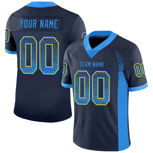 Custom Navy Powder Blue-Yellow Drift Fashion Football Jersey - Main View