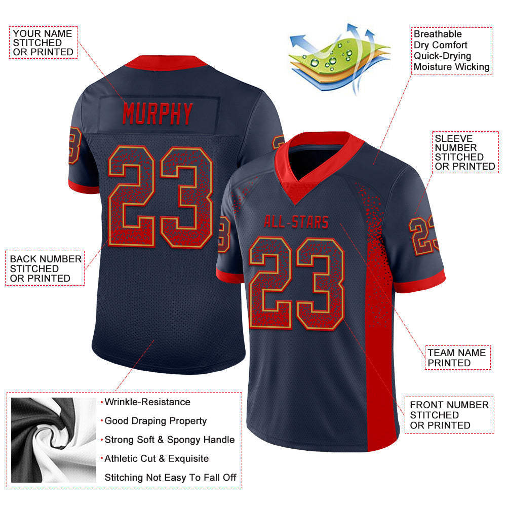 Custom Navy Red-Old Gold Drift Fashion Football Jersey view 3