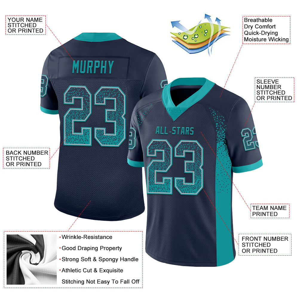 Custom Navy Teal-Gray Drift Fashion Football Jersey view 3