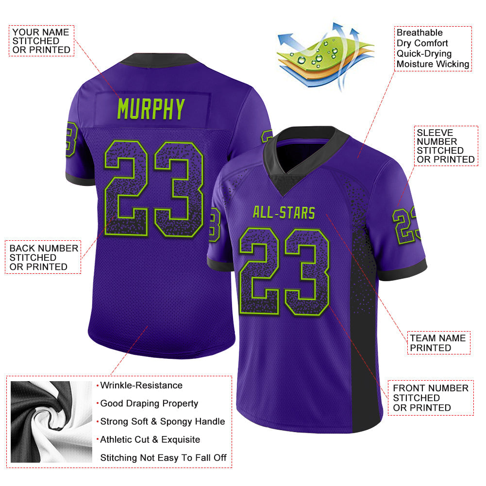 Custom Purple Black-Neon Green Drift Fashion Football Jersey view 3