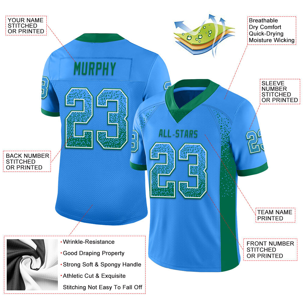 Custom Powder Blue Kelly Green-White Drift Fashion Football Jersey view 3