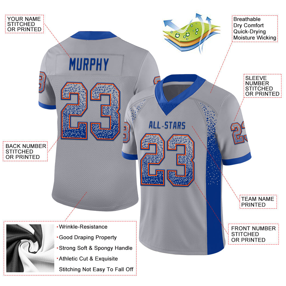 Custom Gray Royal-Orange Drift Fashion Football Jersey view 3