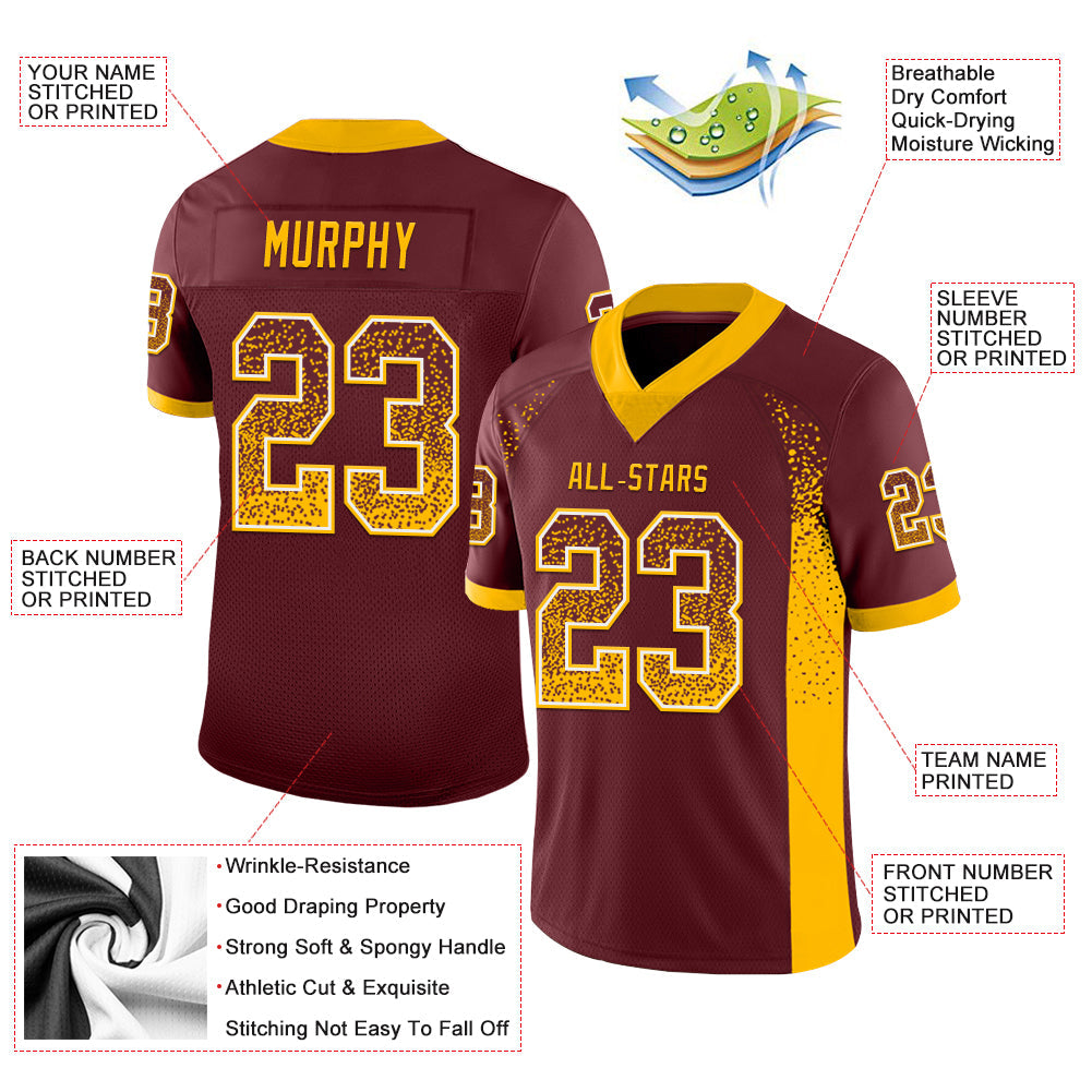 Custom Burgundy Gold-White Drift Fashion Football Jersey view 3