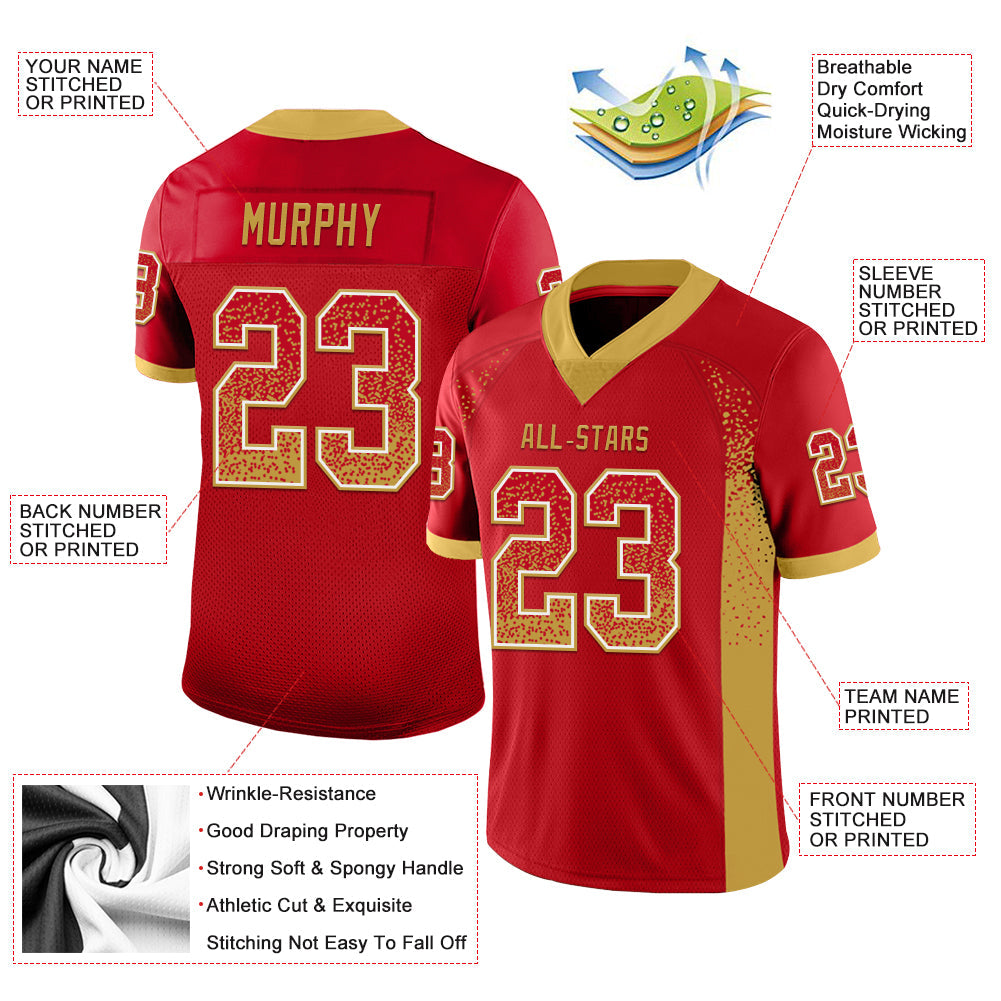 Custom Red Old Gold-White Drift Fashion Football Jersey view 3