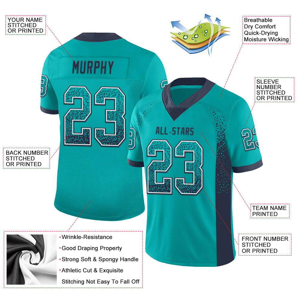 Custom Aqua Navy-White Drift Fashion Football Jersey view 3