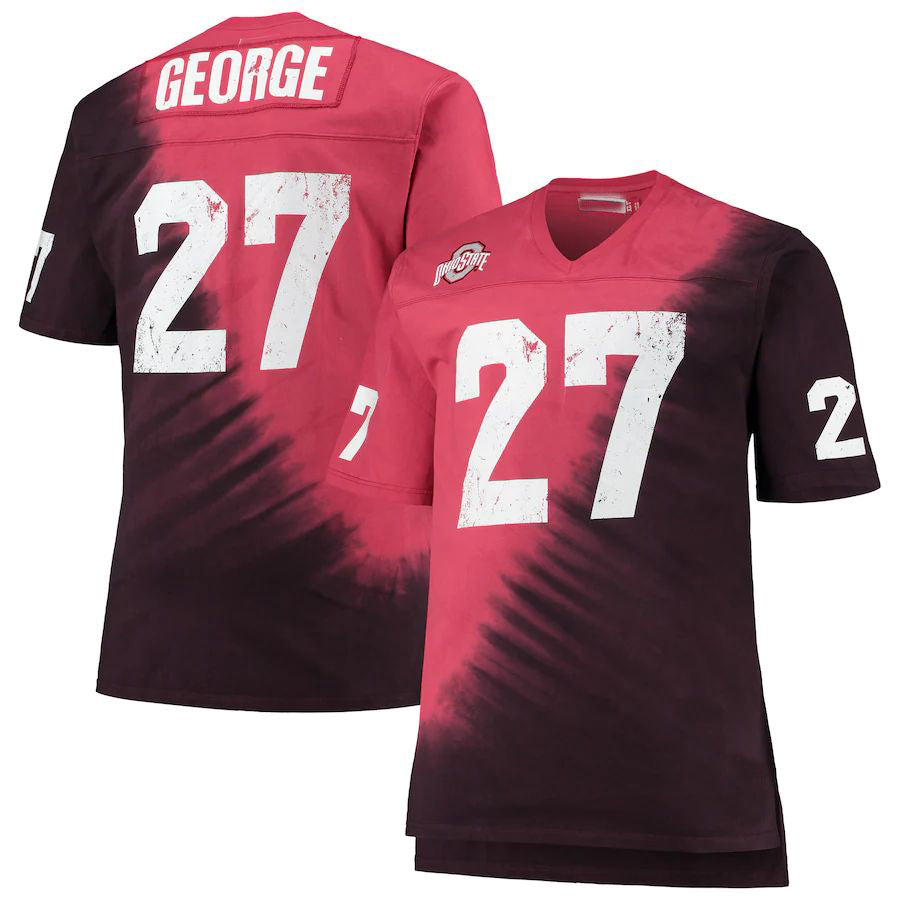 O.State Buckeyes #27 Eddie George Mitchell & Ness Name & Number Tie-Dye V-Neck T-Shirt Black Scarlet Football Jersey Stitched American College Jerseys - Main View
