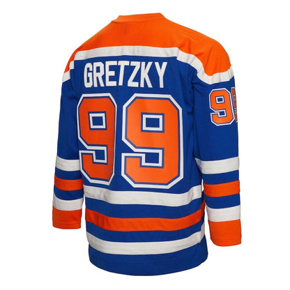 E.Oilers #99 Wayne Gretzky Mitchell & Ness Captain Patch 1986-87 Blue Line Player Jersey - Royal American Hockey Jerseys - Main View