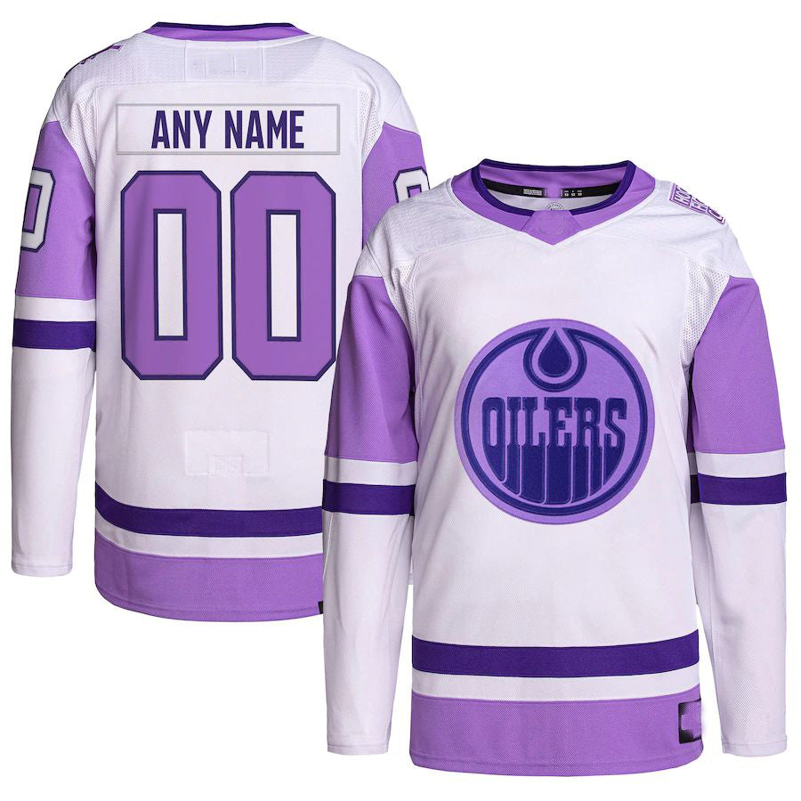 Custom E.Oilers Hockey Fights Cancer Primegreen Authentic White Purple Stitched American Hockey Jerseys - Main View