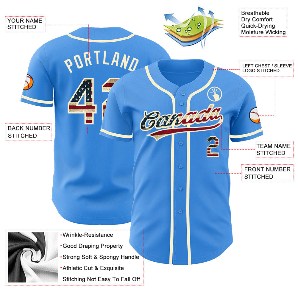Custom Electric Blue Vintage USA Flag-Cream Authentic Baseball Jersey view 3