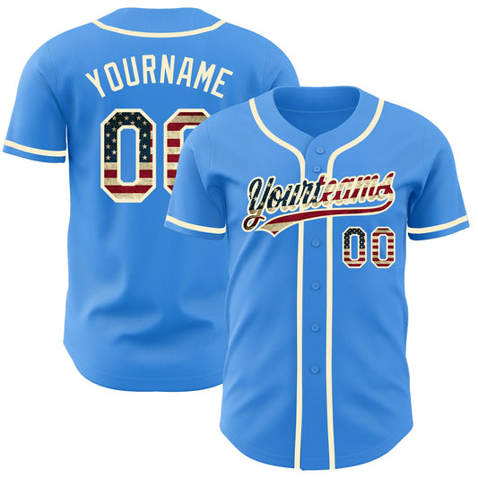 Custom Electric Blue Vintage USA Flag-Cream Authentic Baseball Jersey - Main View