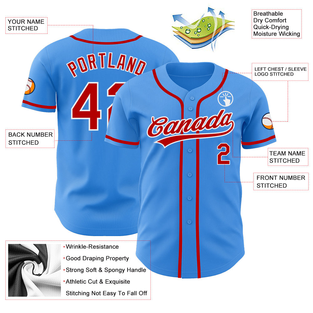 Custom Electric Blue Red-White Authentic Baseball Jersey view 3