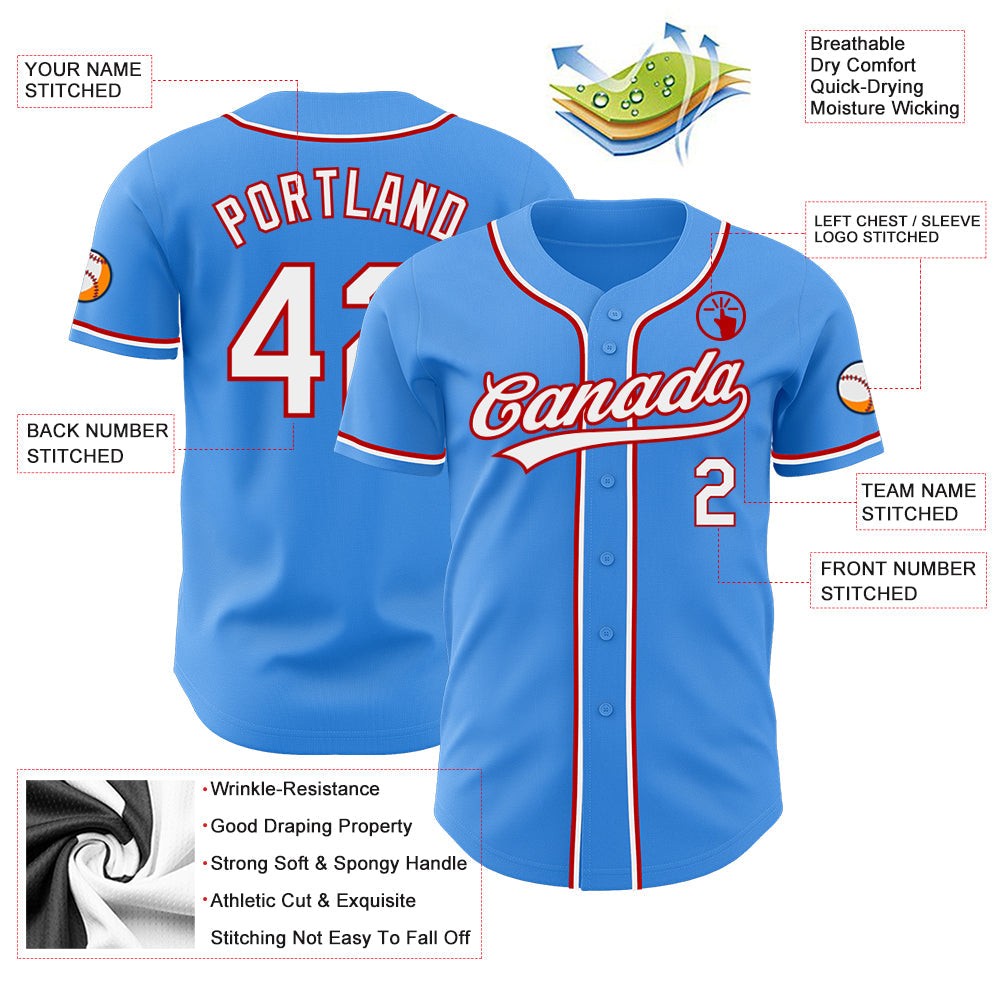 Custom Electric Blue White-Red Authentic Baseball Jersey view 3