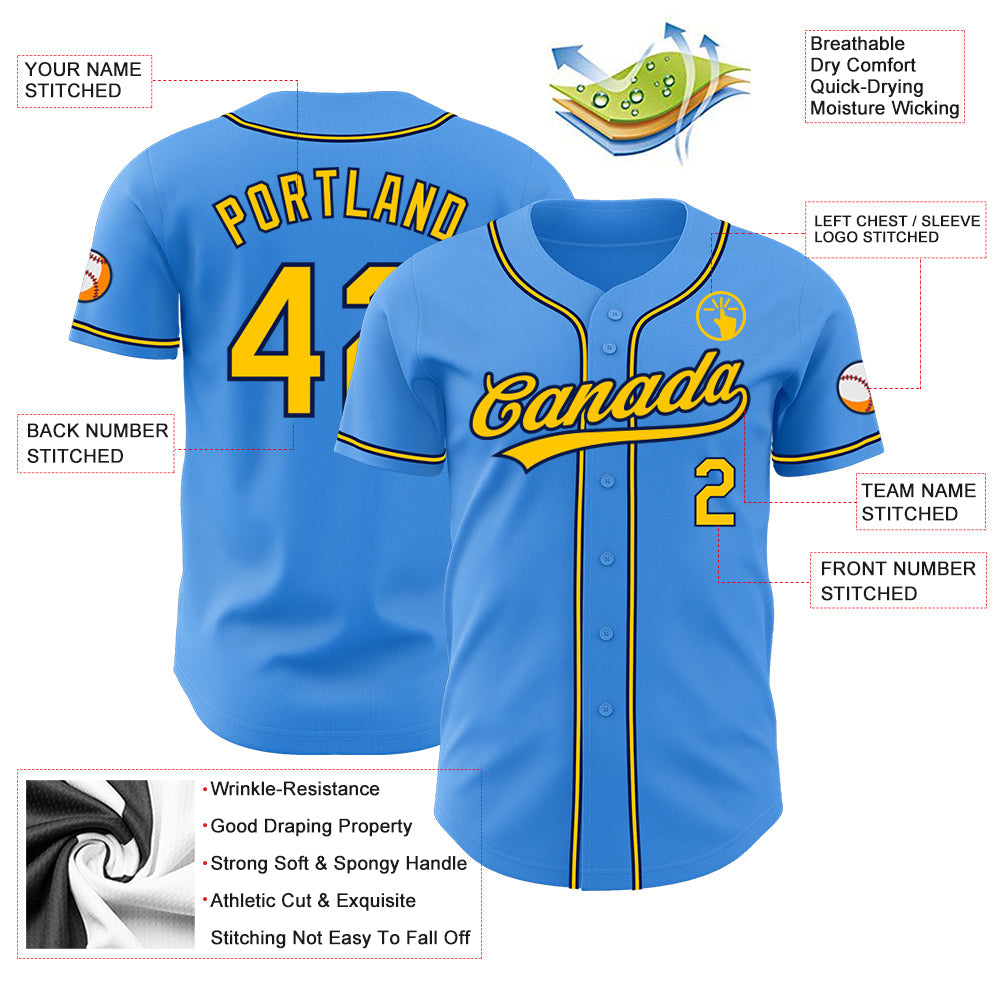Custom Electric Blue Yellow-Navy Authentic Baseball Jersey view 3