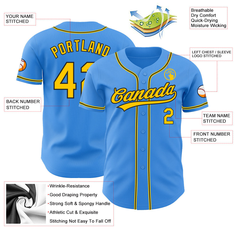 Custom Electric Blue Yellow-Black Authentic Baseball Jersey view 3