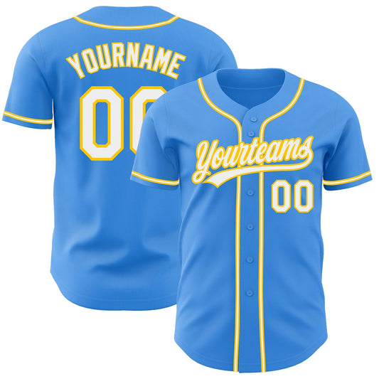 Custom Electric Blue White-Yellow Authentic Baseball Jersey - Main View