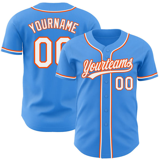 Custom Electric Blue White-Orange Authentic Baseball Jersey - Main View