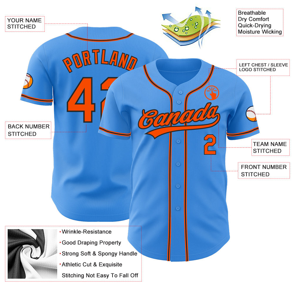 Custom Electric Blue Orange-Black Authentic Baseball Jersey view 3