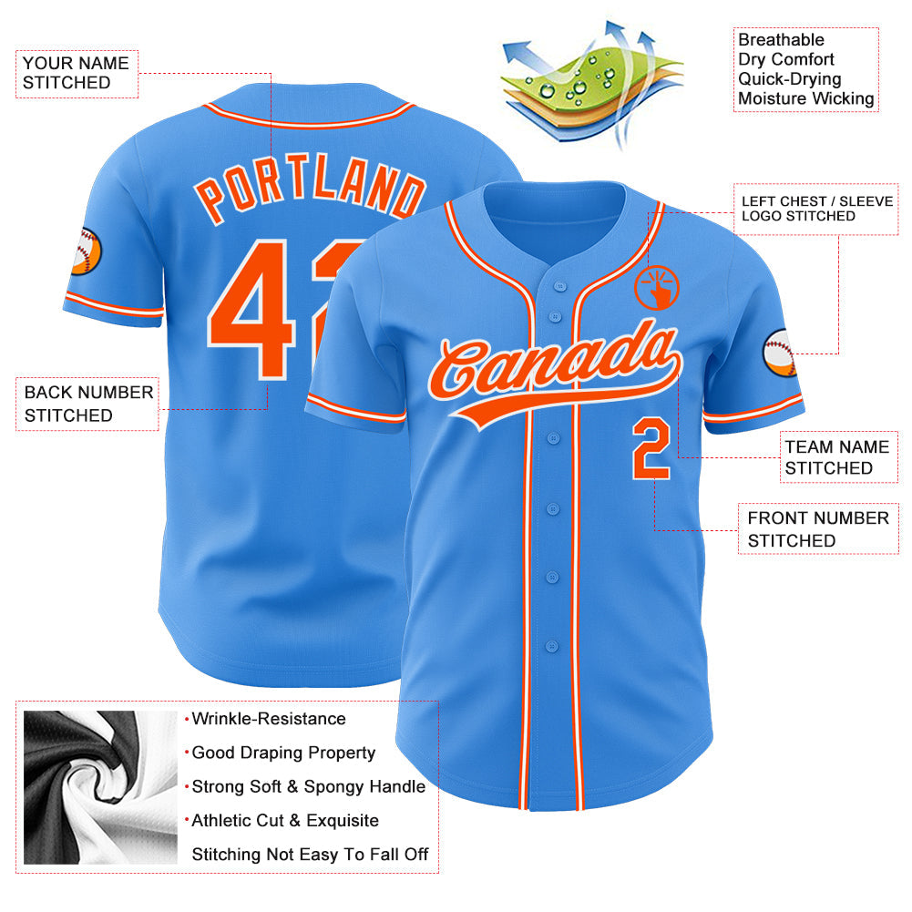 Custom Electric Blue Orange-White Authentic Baseball Jersey view 3