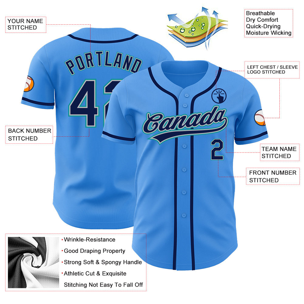 Custom Electric Blue Navy Gray-Teal Authentic Baseball Jersey view 3