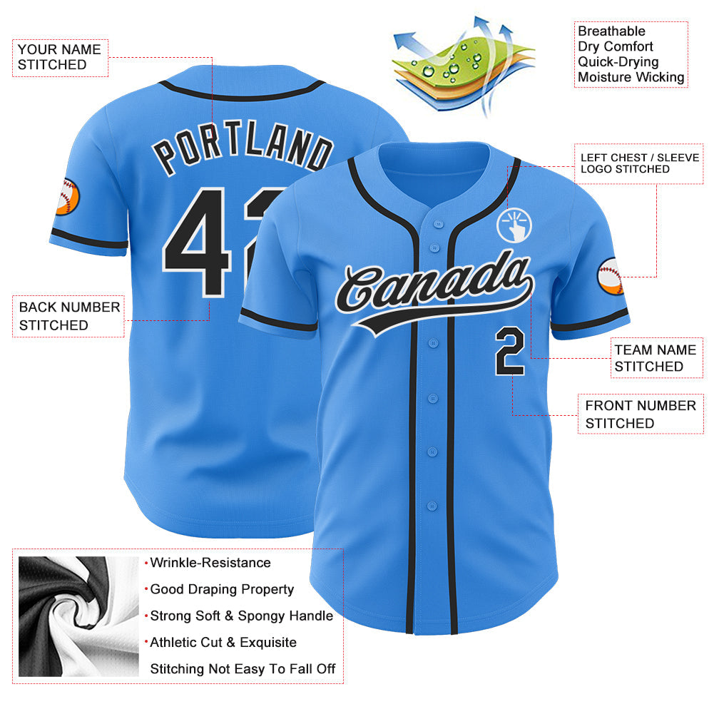 Custom Electric Blue Black-White Authentic Baseball Jersey view 3