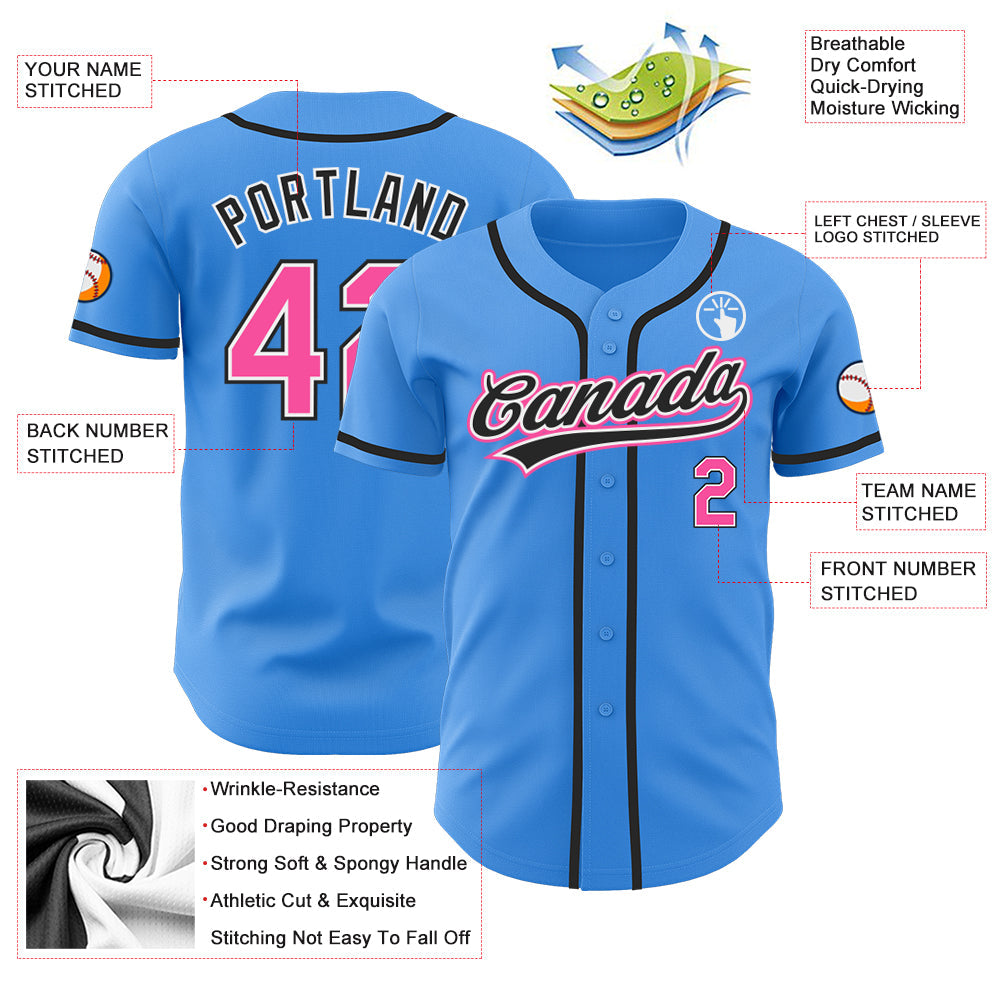 Custom Electric Blue Pink-Black Authentic Baseball Jersey view 3