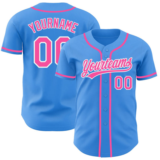 Custom Electric Blue Pink-White Authentic Baseball Jersey - Main View