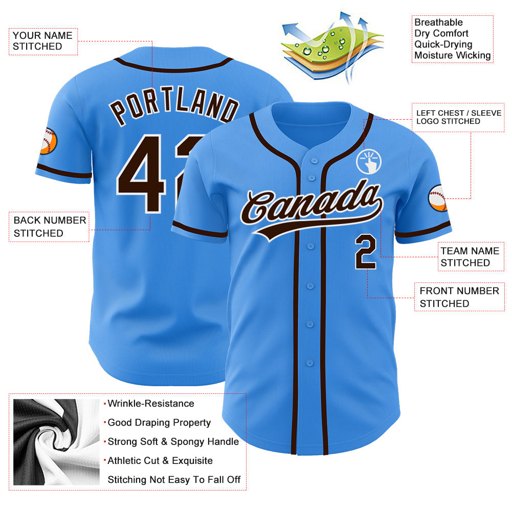 Custom Electric Blue Brown-White Authentic Baseball Jersey view 3