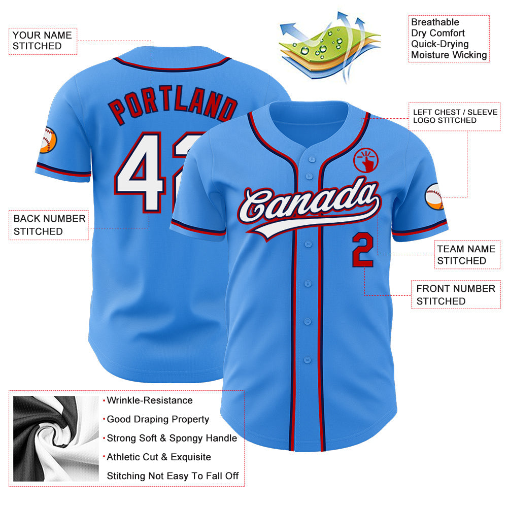 Custom Electric Blue White Red-Navy Authentic Baseball Jersey view 3