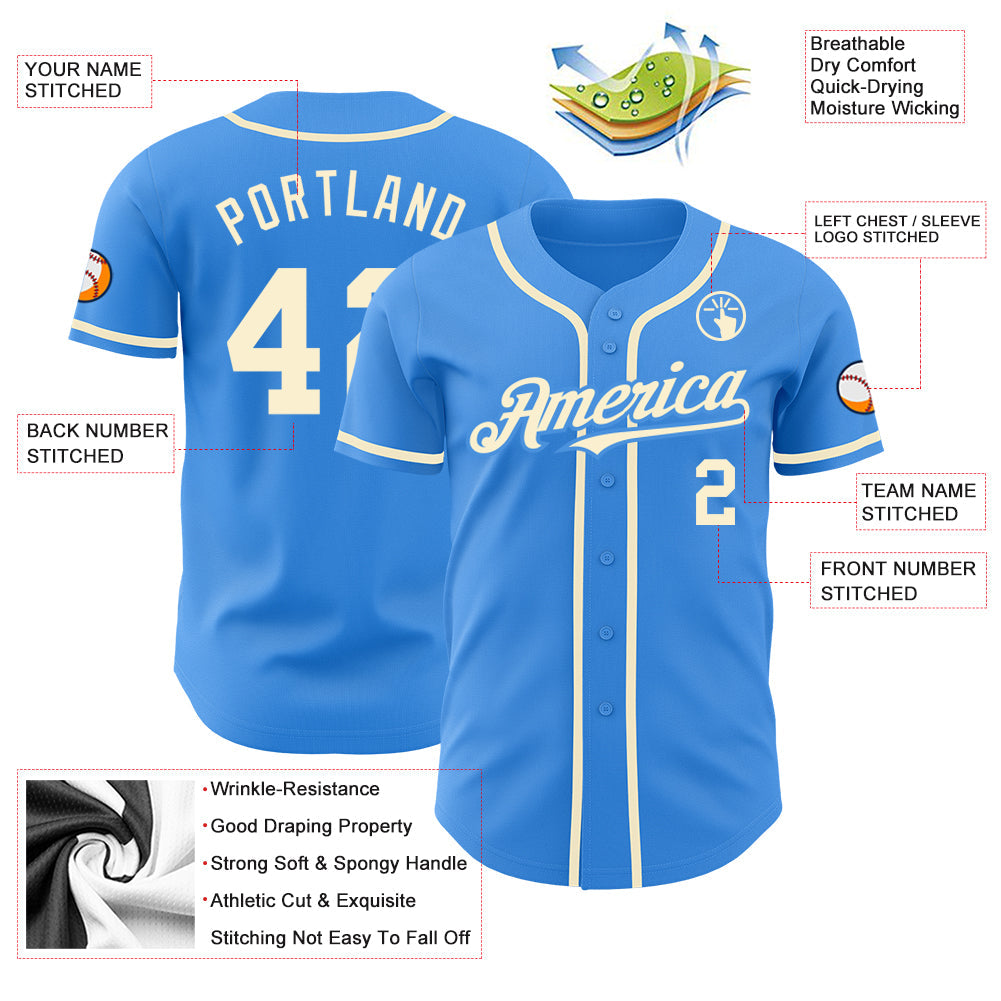 Custom Electric Blue Cream Authentic Baseball Jersey view 3
