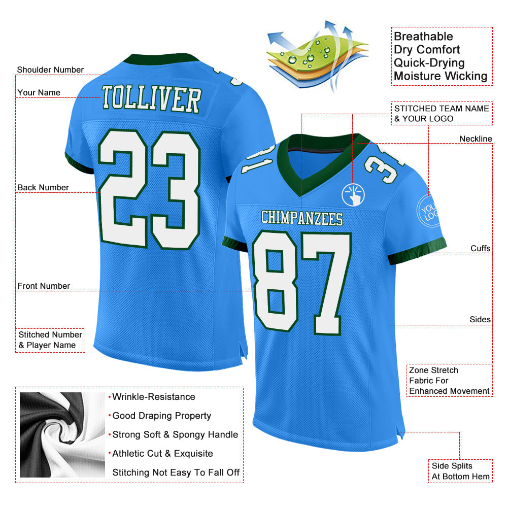 Custom Powder Blue White-Green Mesh Authentic Football Jersey view 2