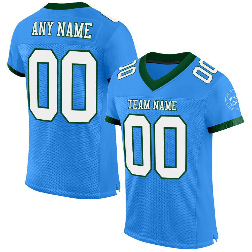Custom Powder Blue White-Green Mesh Authentic Football Jersey - Main View