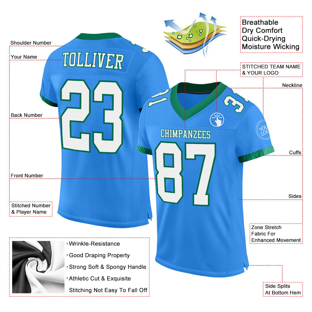 Custom Powder Blue White-Kelly Green Mesh Authentic Football Jersey view 2
