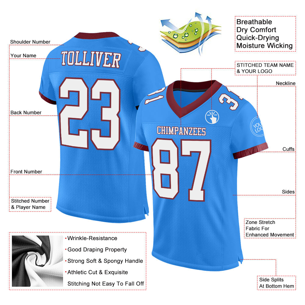 Custom Powder Blue White-Burgundy Mesh Authentic Football Jersey view 2