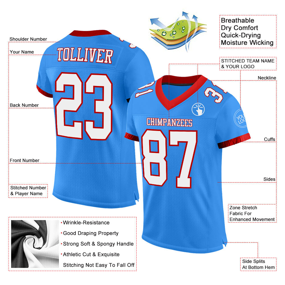Custom Powder Blue White-Red Mesh Authentic Football Jersey view 2