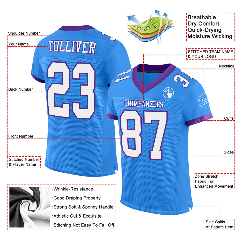 Custom Powder Blue White-Purple Mesh Authentic Football Jersey view 2