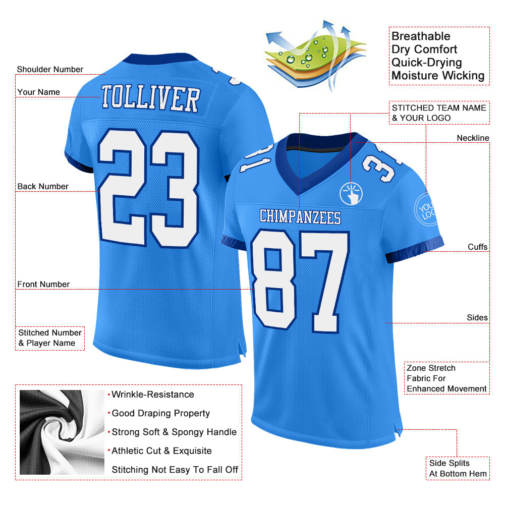 Custom Powder Blue White-Royal Mesh Authentic Football Jersey view 2