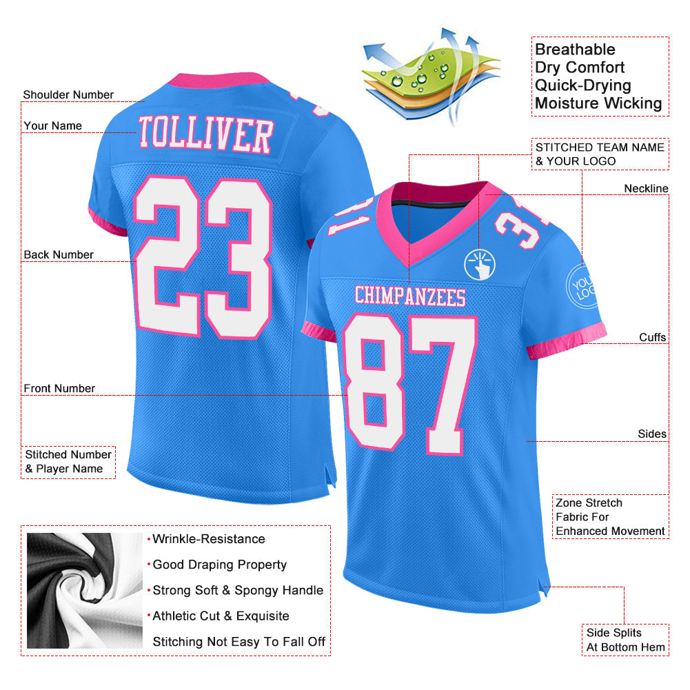 Custom Powder Blue White-Pink Mesh Authentic Football Jersey view 2