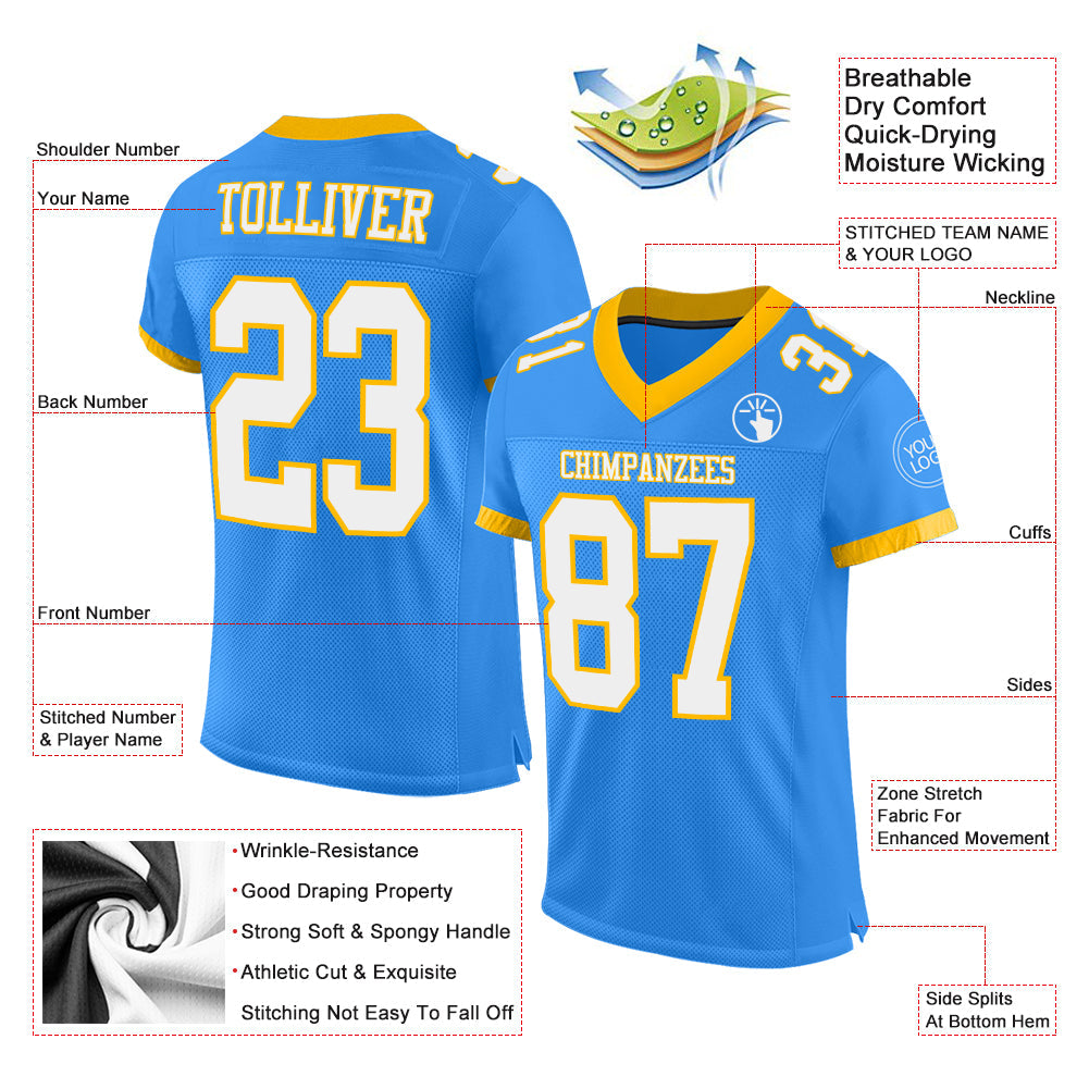 Custom Powder Blue White-Gold Mesh Authentic Football Jersey view 2