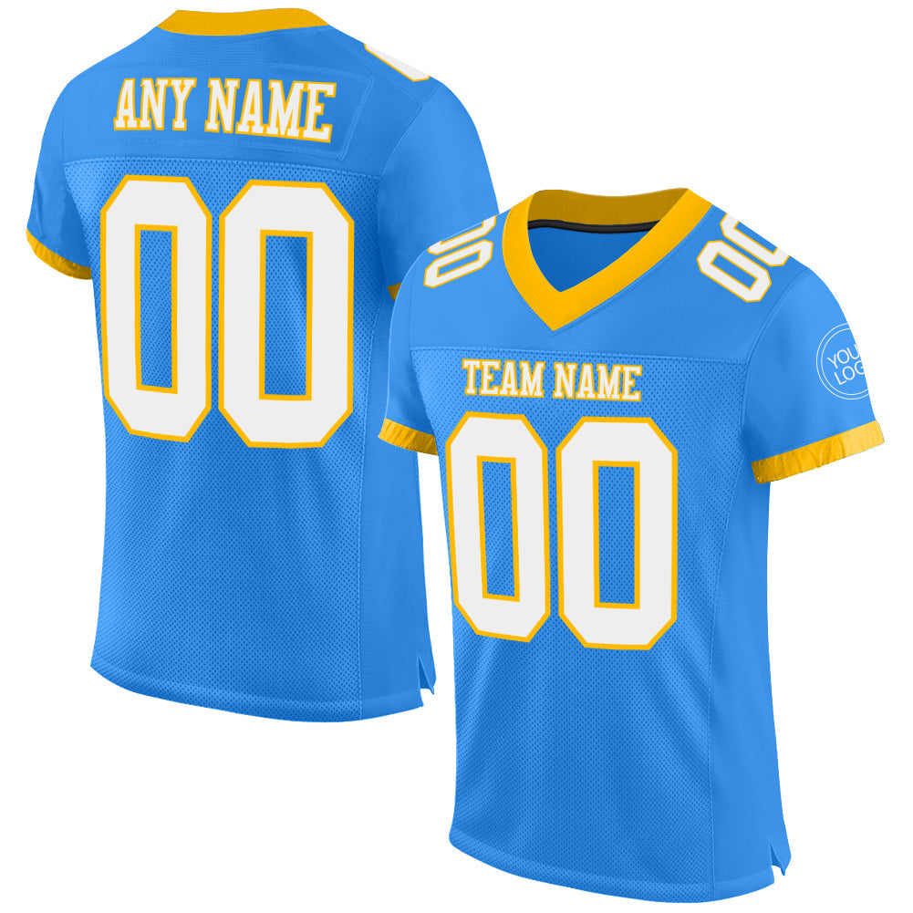 Custom Powder Blue White-Gold Mesh Authentic Football Jersey - Main View