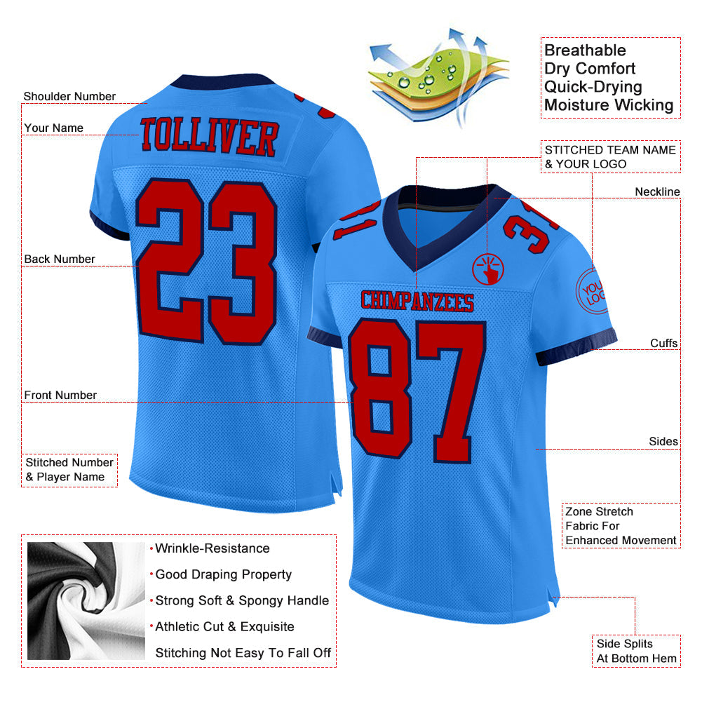 Custom Powder Blue Red-Navy Mesh Authentic Football Jersey view 2