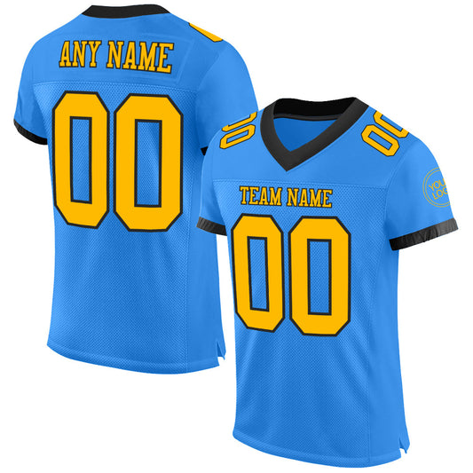 Custom Powder Blue Gold-Black Mesh Authentic Football Jersey - Main View