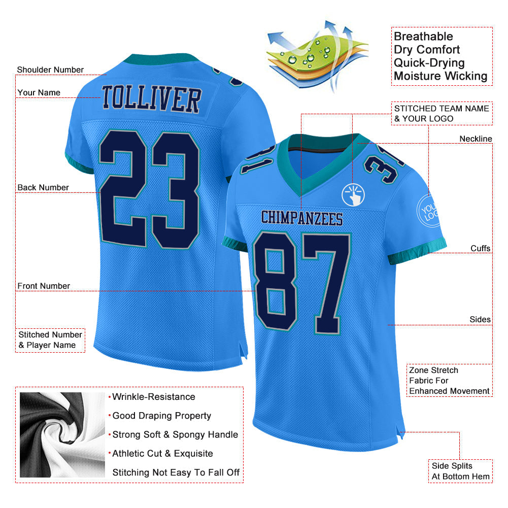 Custom Powder Blue Navy Gray-Teal Mesh Authentic Football Jersey view 2