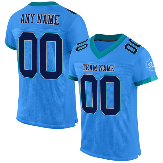 Custom Powder Blue Navy Gray-Teal Mesh Authentic Football Jersey - Main View