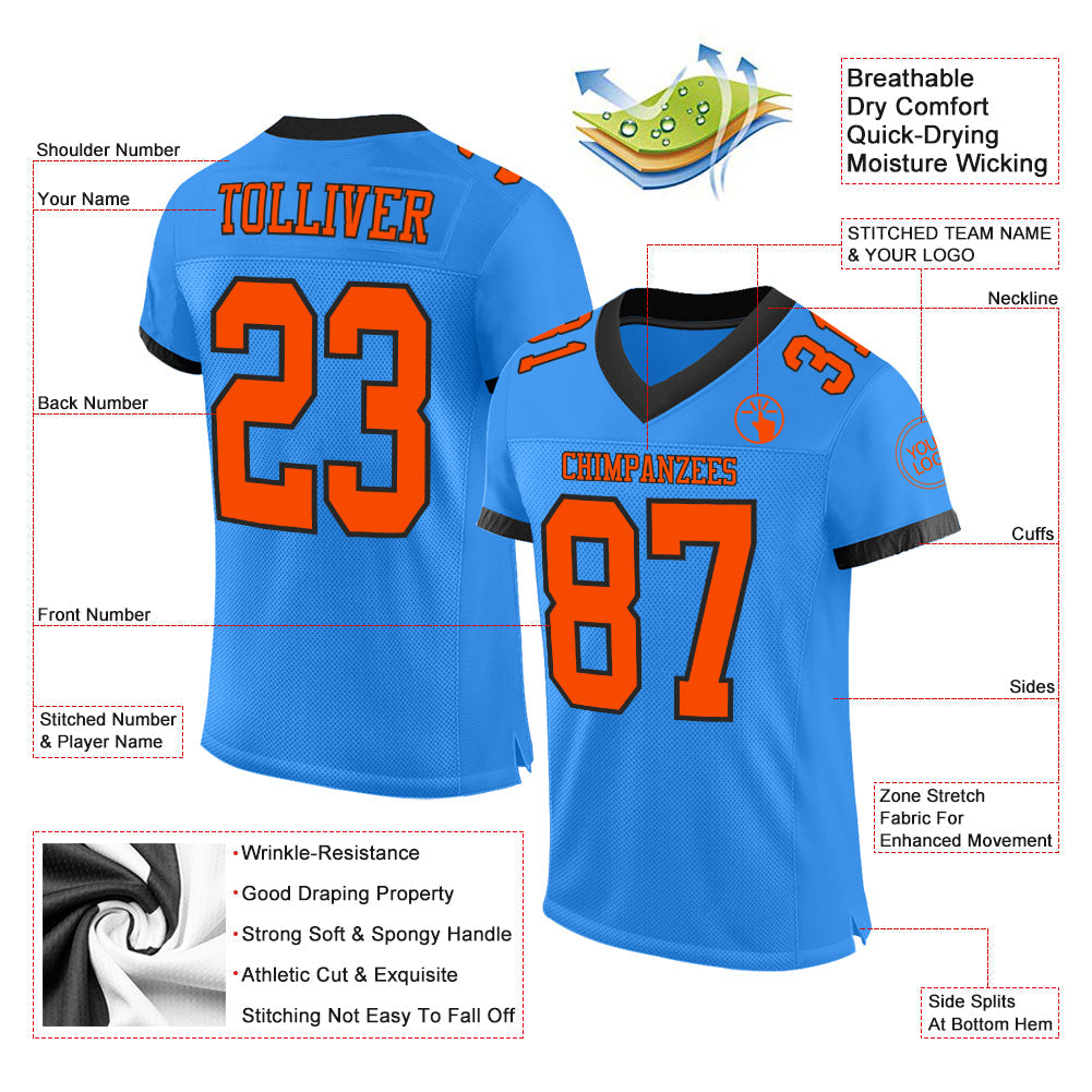 Custom Powder Blue Orange-Black Mesh Authentic Football Jersey view 2