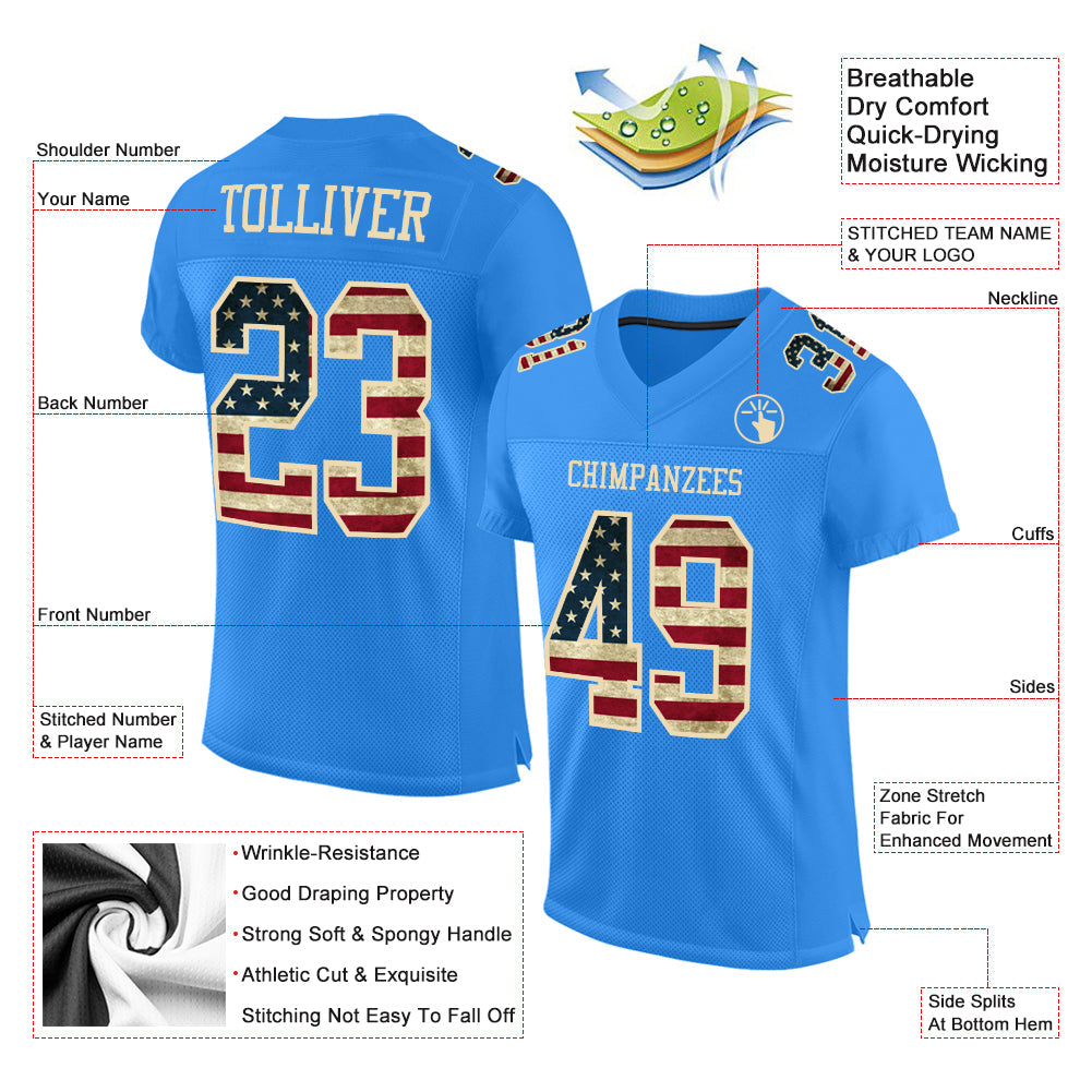 Custom Powder Blue Vintage USA Flag-City Cream Mesh Authentic Football Jersey view 2