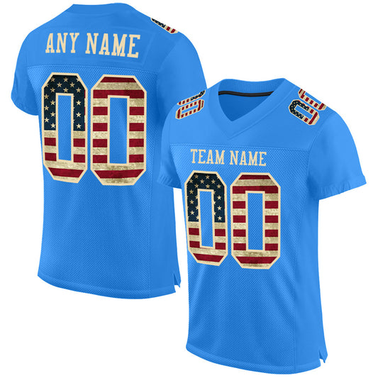 Custom Powder Blue Vintage USA Flag-City Cream Mesh Authentic Football Jersey - Main View