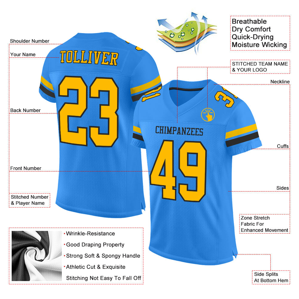 Custom Powder Blue Gold-Black Mesh Authentic Football Jersey view 2