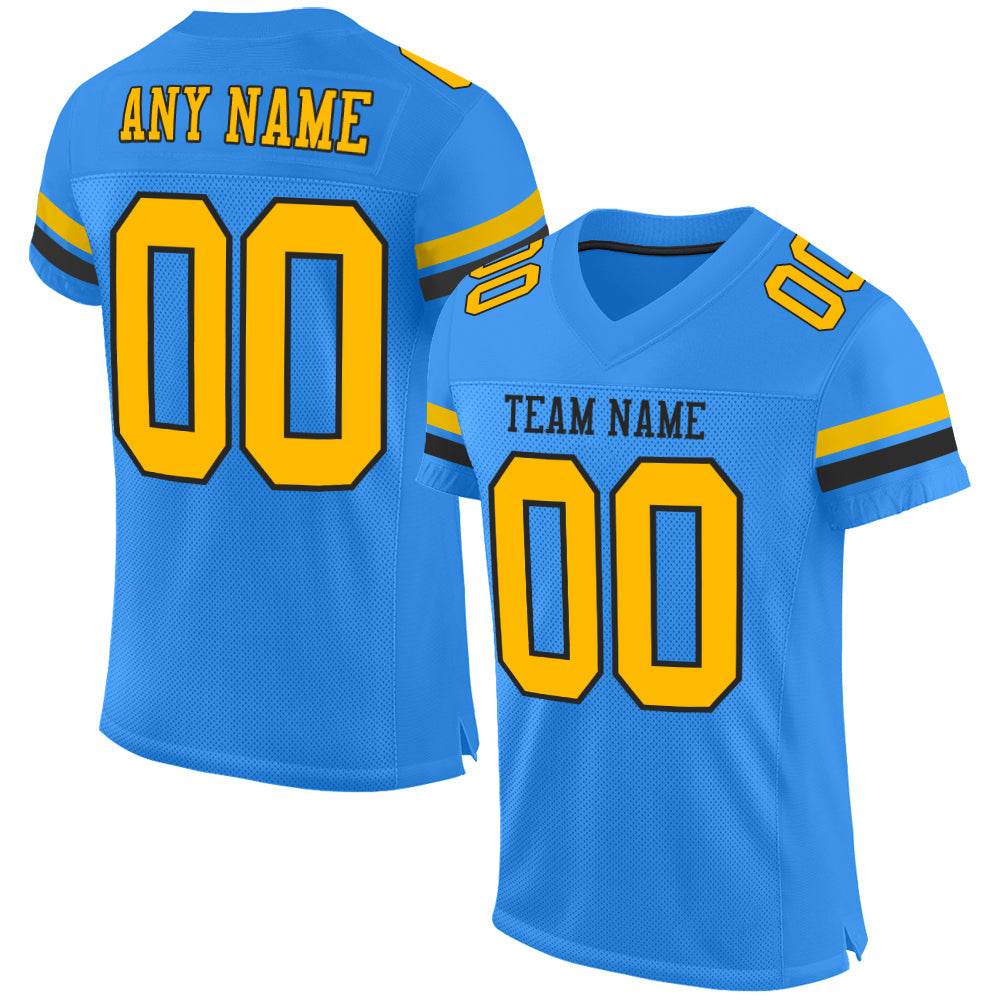 Custom Powder Blue Gold-Black Mesh Authentic Football Jersey - Main View
