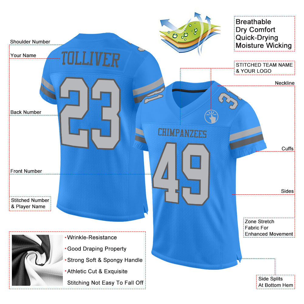 Custom Powder Blue Gray-Steel Gray Mesh Authentic Football Jersey view 2
